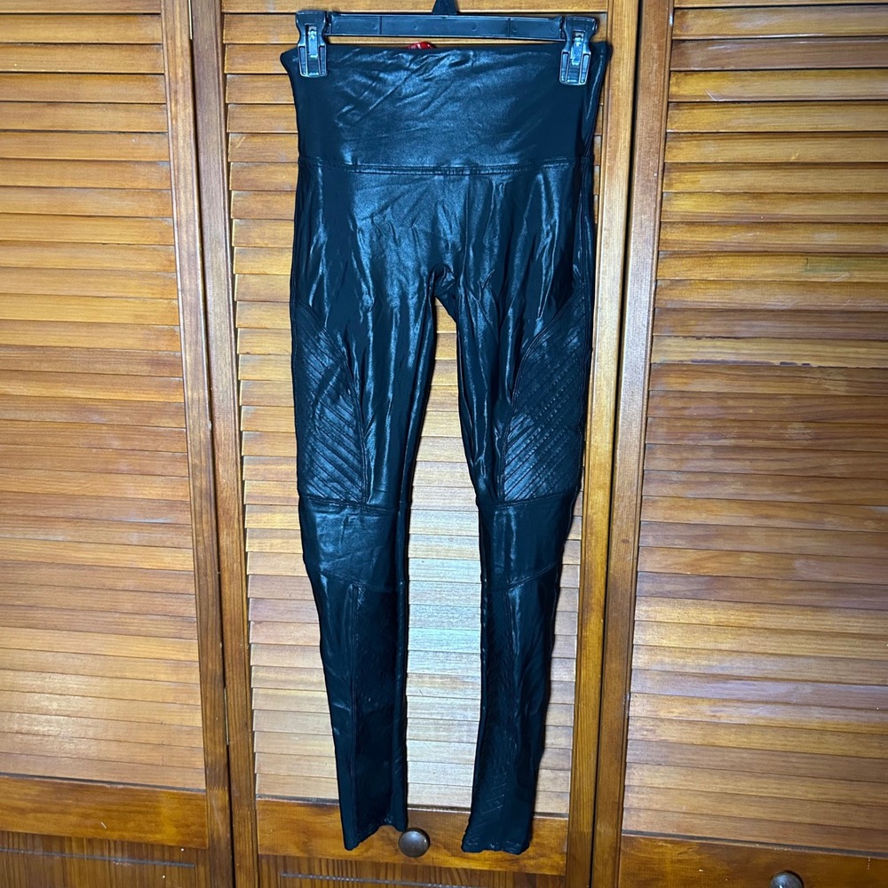 Spanx Faux Leather Moto Leggings Very Black High Waisted Ribbed Size Medium